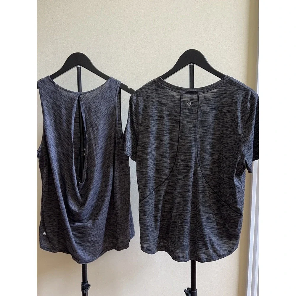2PC- Lululemon 10 Long Distance Short Sleeve +Low Key Tank SilverHeathered Black